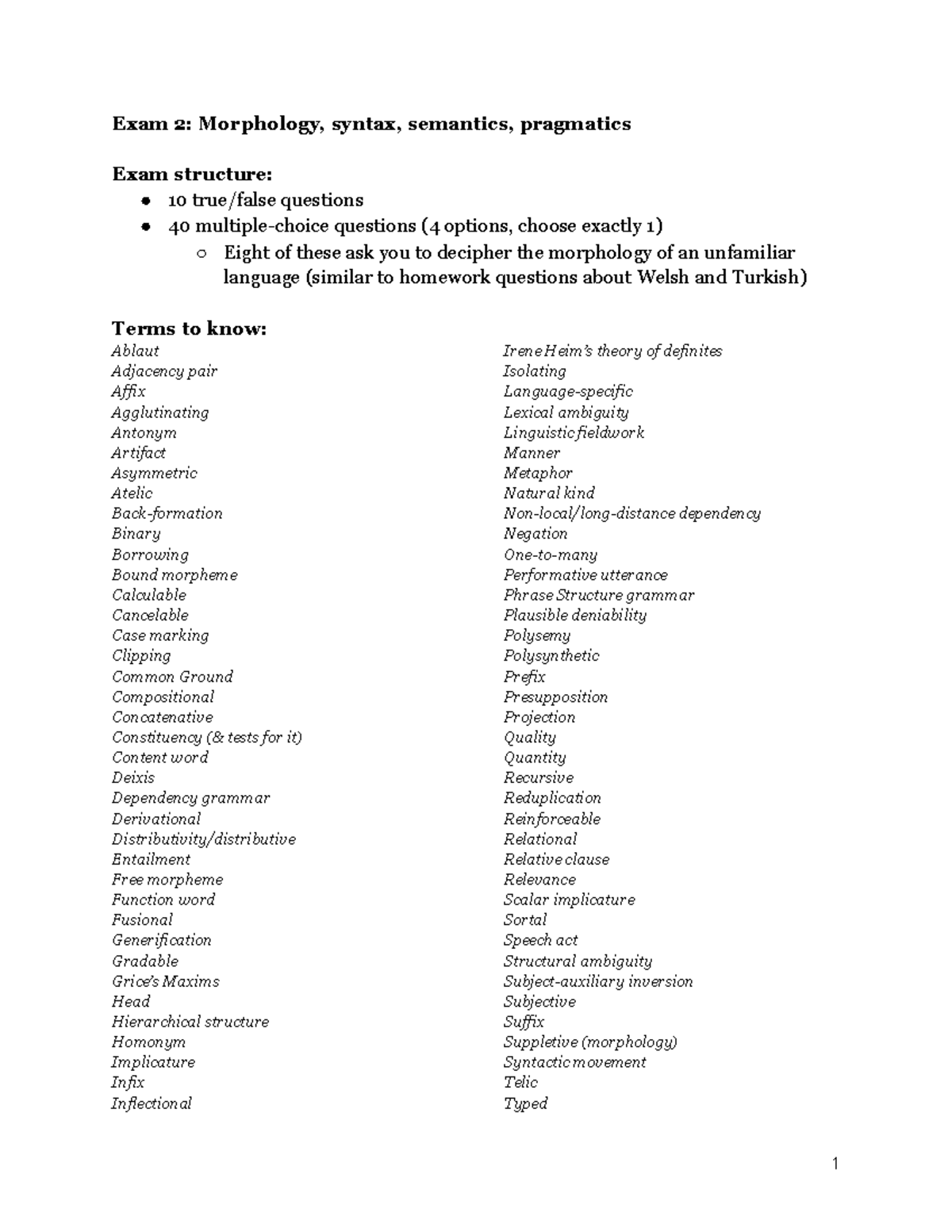 Exam 2 Study Guide: Morphology, Syntax, Semantics, Pragmatics - Studocu