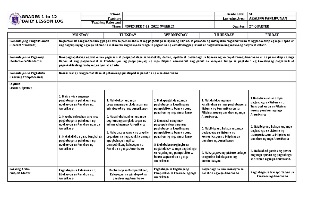 DLL Araling Panlipunan 6 Q2 W1 - GRADES 1 to 12 DAILY LESSON LOG School ...