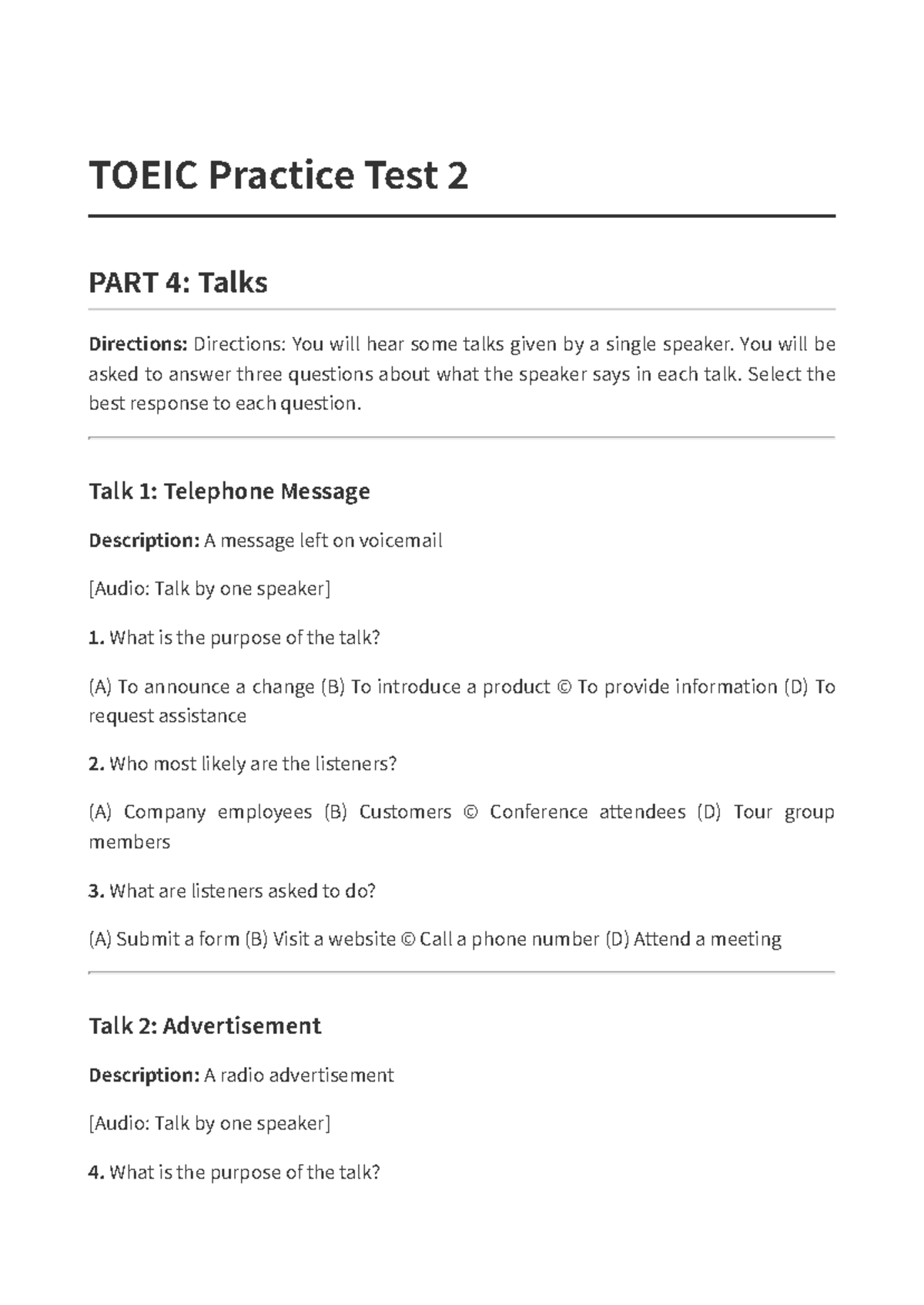 TOEIC Practice Test 2: Part 4 - Talks & Questions - Studocu