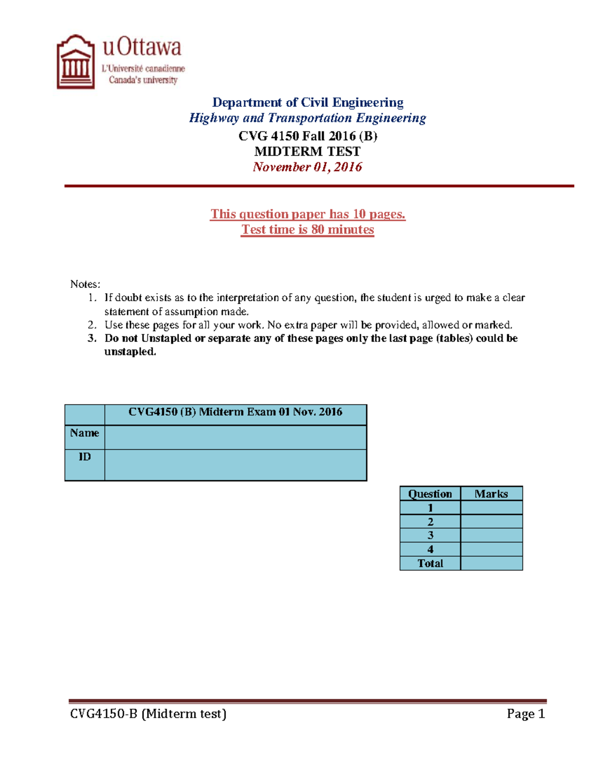 CVG 4150 (B) Midterm Test Solutions - Highway & Transportation Eng ...