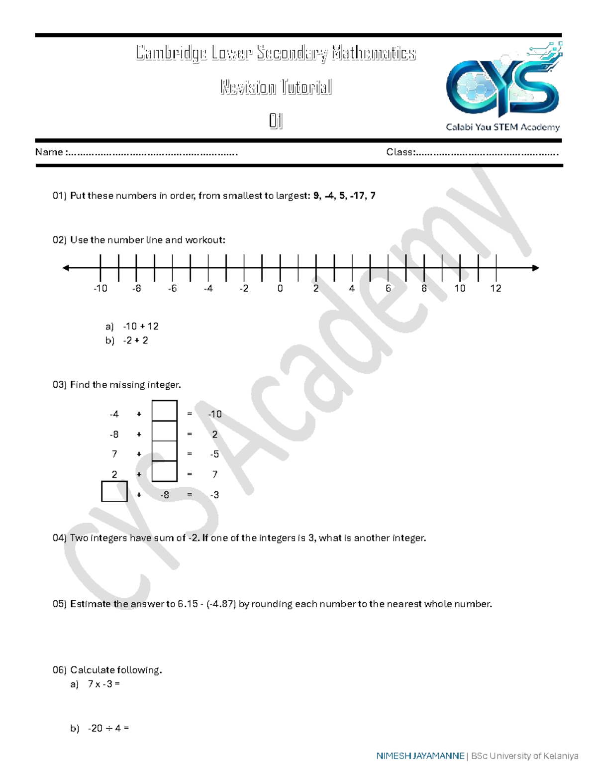 Mathematics Form 01: Exercises on Integers and Expressions - Studocu