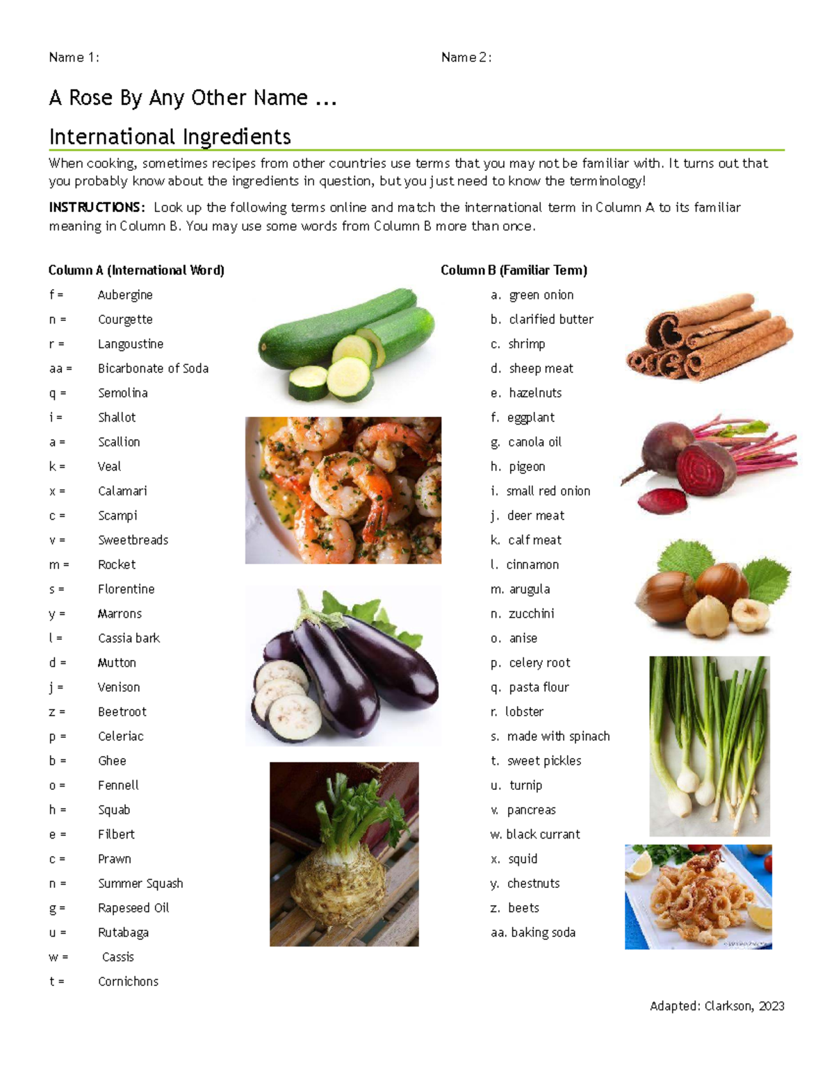 International Cooking Terms & Ingredient Translation Exercise - Studocu