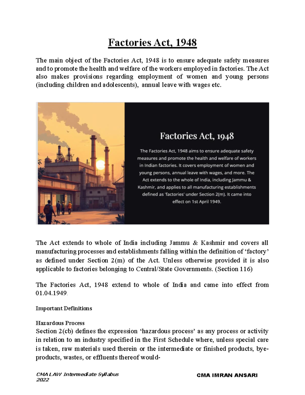 CMA Inter Paper 5: Overview of the Factories Act, 1948 - Studocu