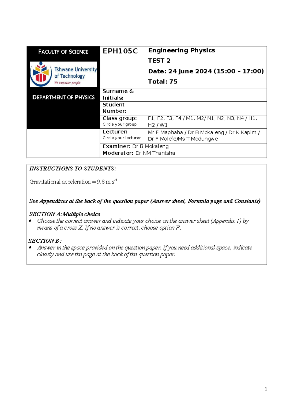 EPH105C Engineering Physics Test 2 - June 24, 2024 - Studocu
