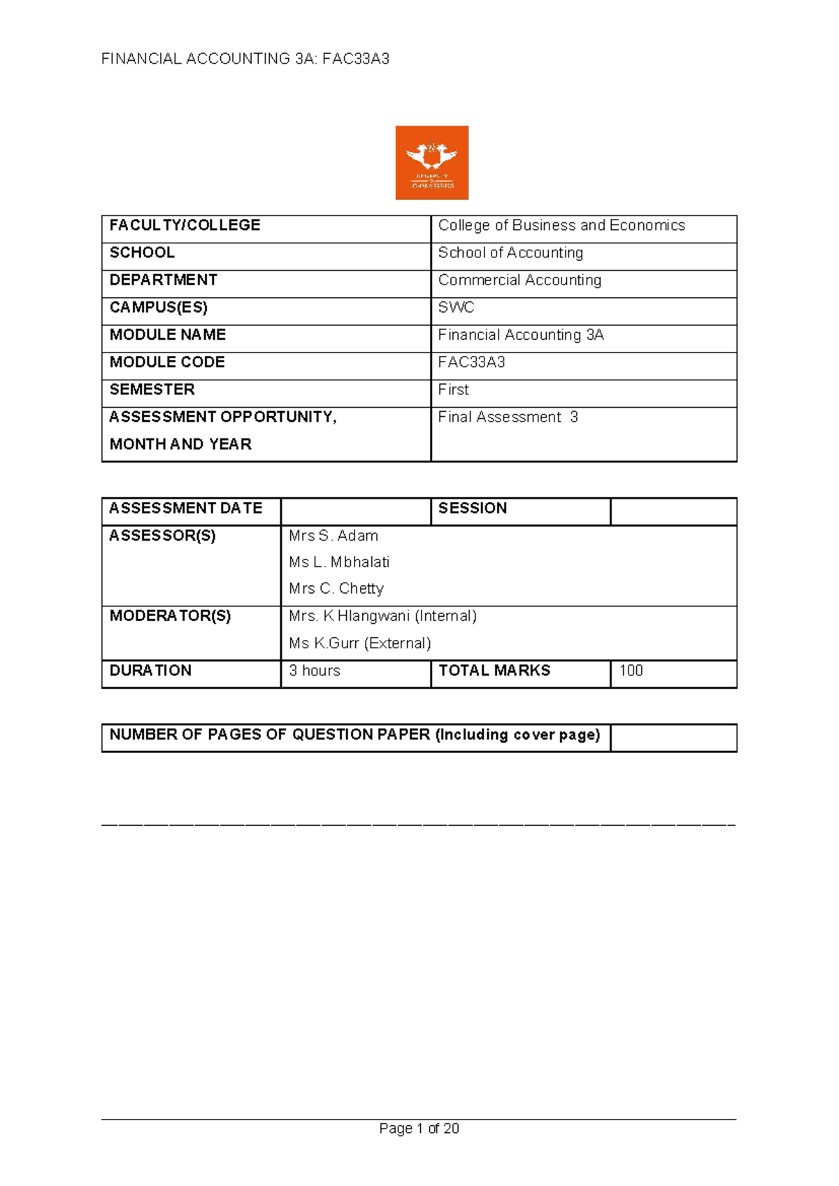 Final Exam Solutions for Financial Accounting 3A: FAC33A3 - Studocu