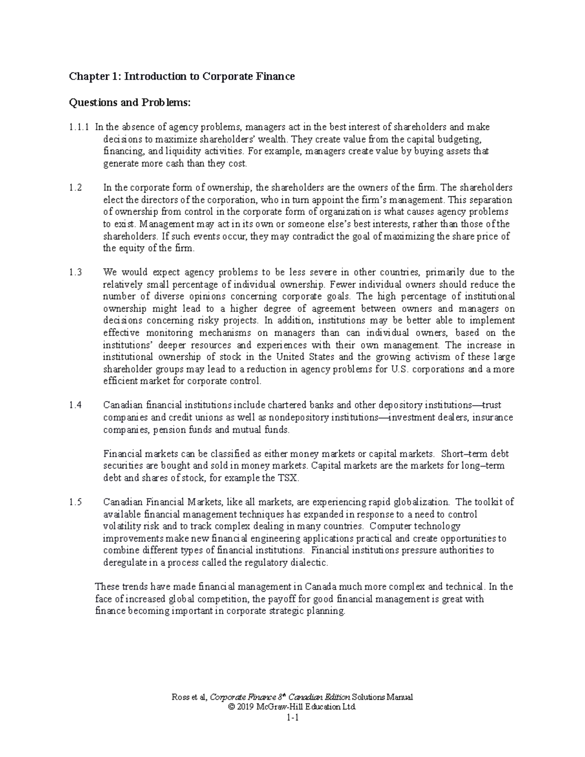 Ross CF 8ce SM Ch01 - test banks - Chapter 1: Introduction to Corporate ...