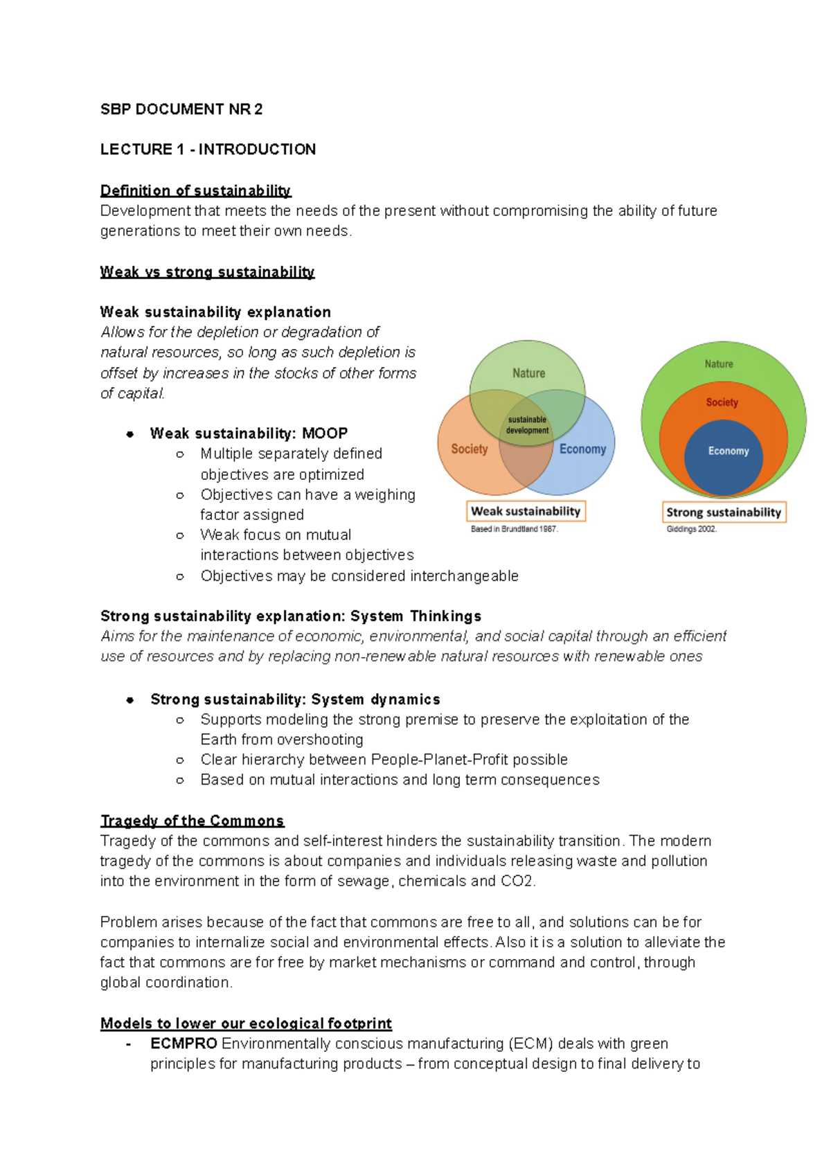 SBP 101: Summary of Sustainability Concepts in Lecture Notes - Studeersnel