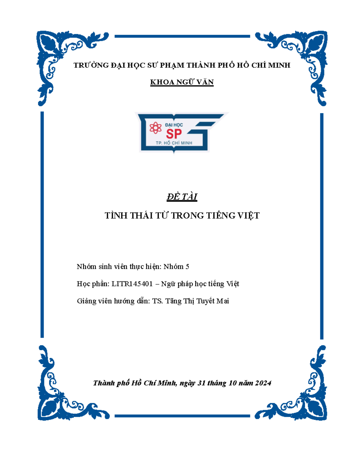TÌNH THÁI TỪ TRONG TIẾNG VIỆT - HỌC PHẦN LITR145401 - Document Preview