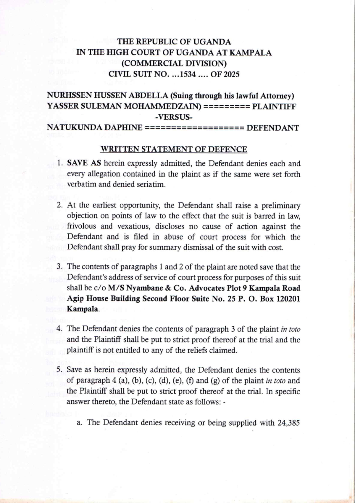 Civil Suit No. 1534 of 2025: Defence Statement by Natukunda Daphine ...