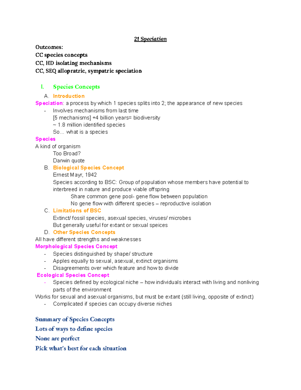 Outline of Speciation Outcomes: CC Species Concepts and Mechanisms ...
