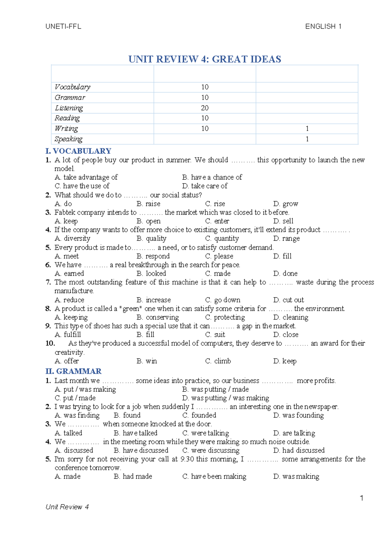 ENGLISH 1 UNIT REVIEW 4: VOCABULARY, GRAMMAR, LISTENING, READING ...