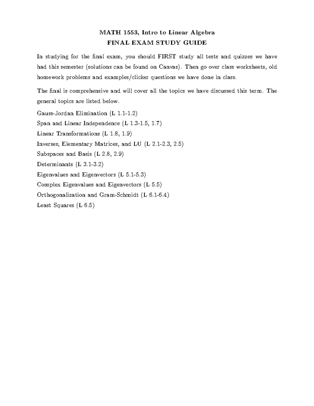MATH 1553 Final Exam Study Guide for Intro to Linear Algebra - Studocu