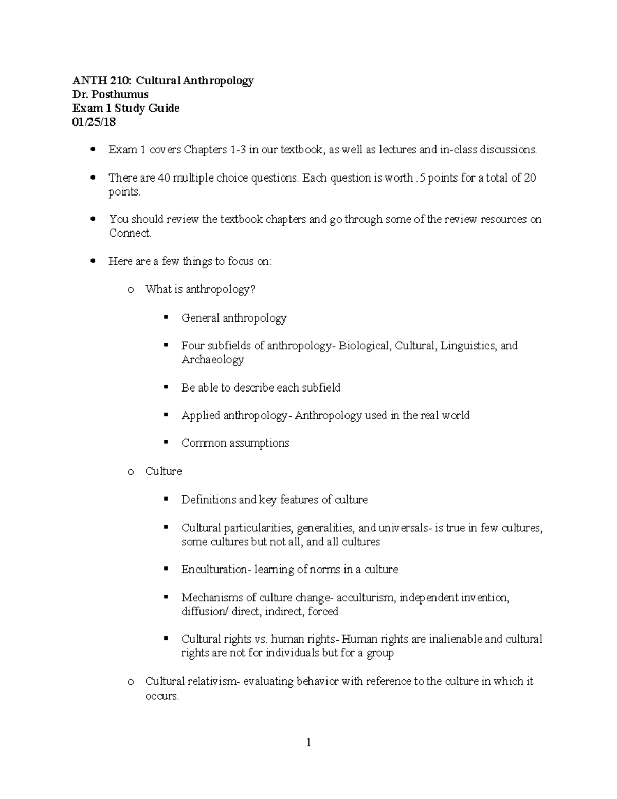 ANTH 210 Exam 1 Study Guide: Key Concepts & Cultural Anthropology - Studocu