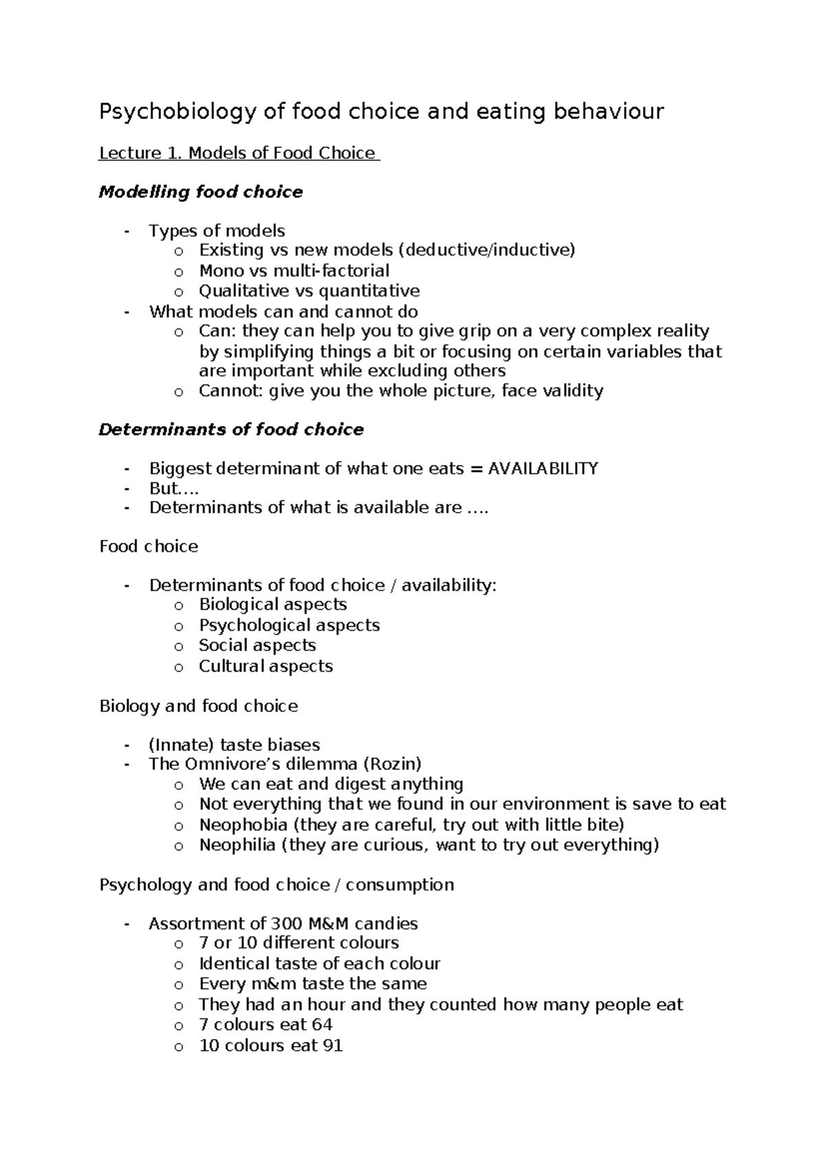 PSY210: Lecture Summary on Psychobiology of Food Choice & Eating ...