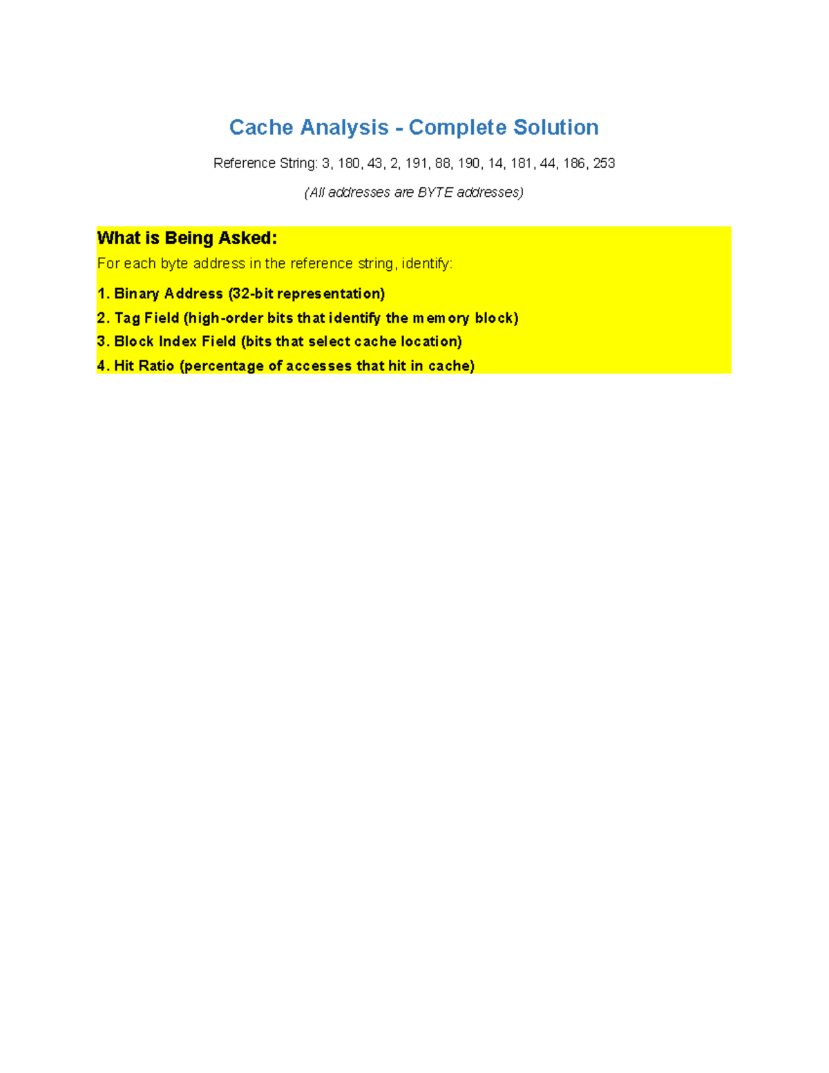 Cache Analysis Solution: Reference String & Hit Ratio Details - Studocu