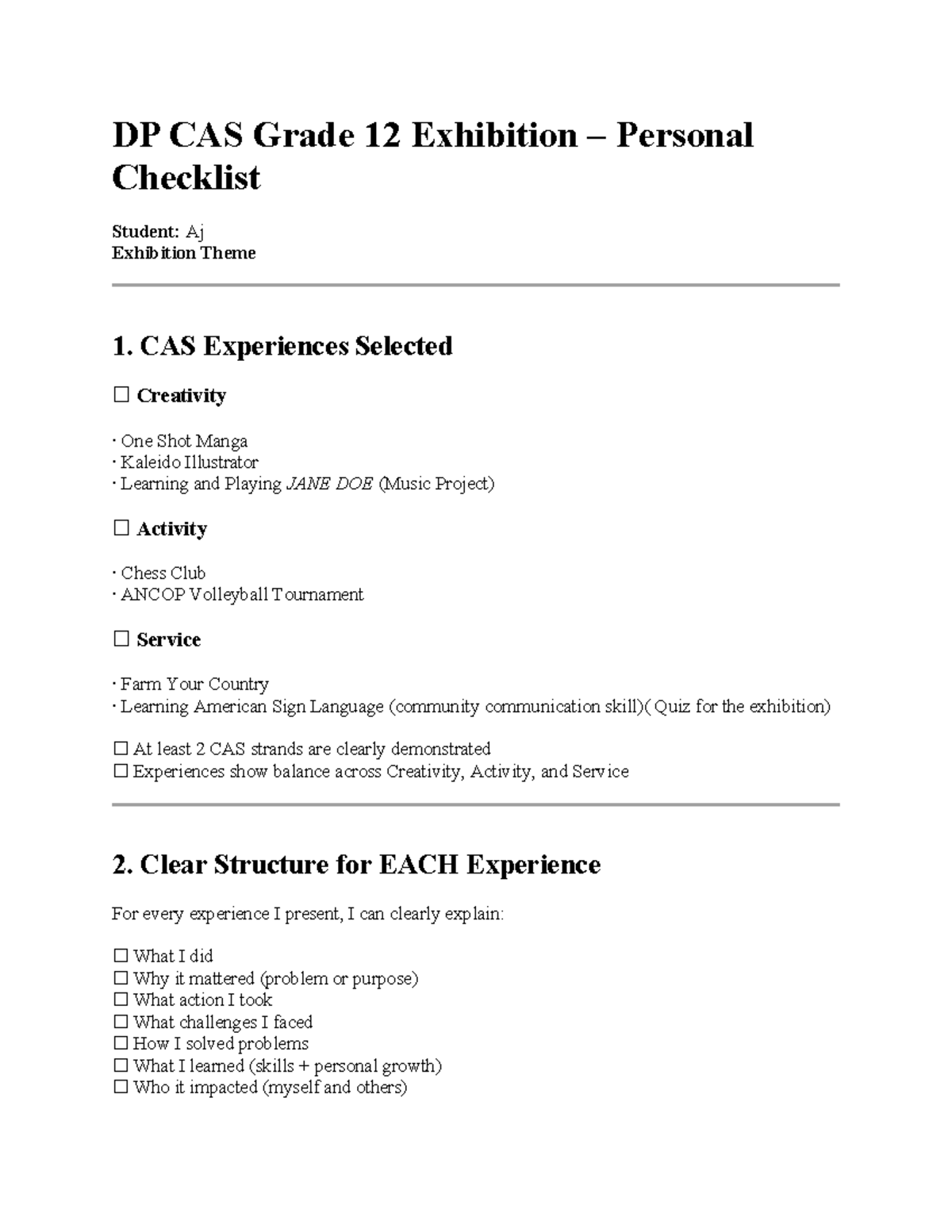 DP CAS Grade 12 Exhibition Checklist for Aj - Studocu