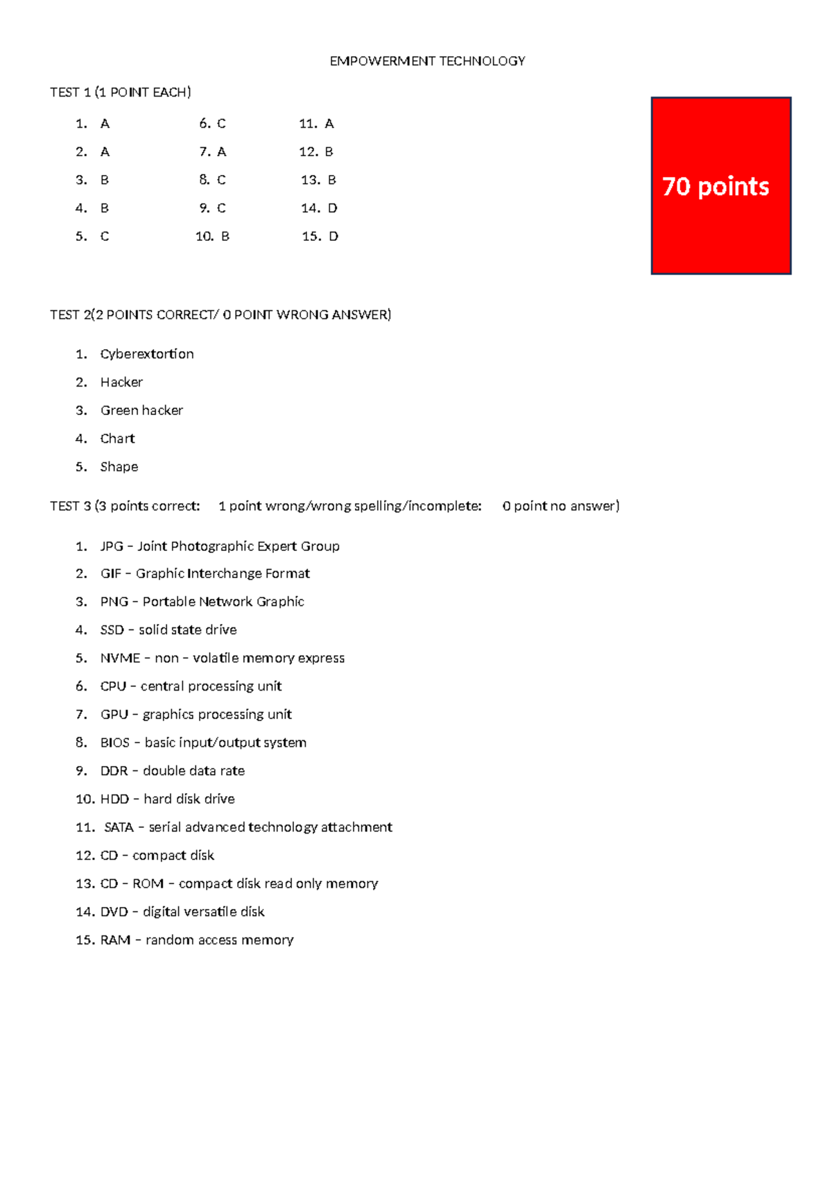 Empowerment Technology: Tests 1-3 with Answer Keys - Studocu