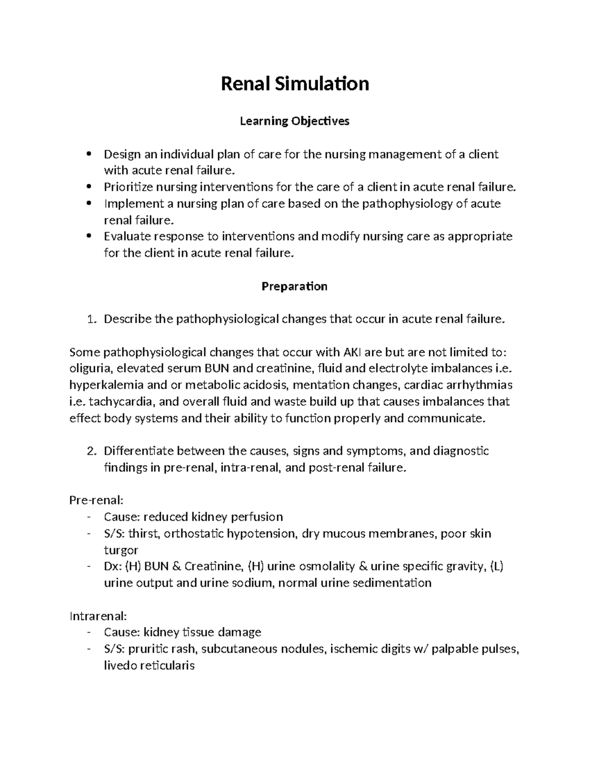 Renal Simulation Learning Objectives for Acute Kidney Injury Care - Studocu