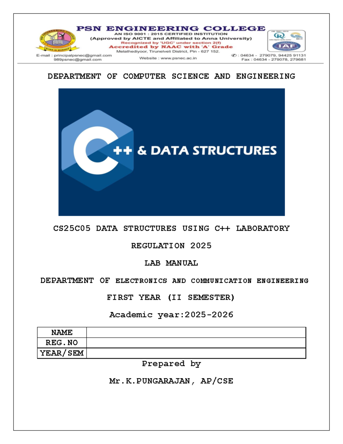 OOPS for Data Structures Lab Manual - CS25C05 (Regulation 2025) - Studocu