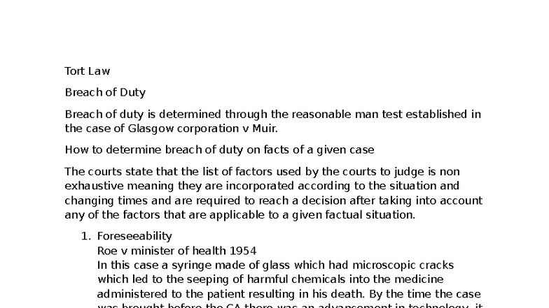 Tort Law (LAW101): Understanding Breach of Duty in Cases - Studocu