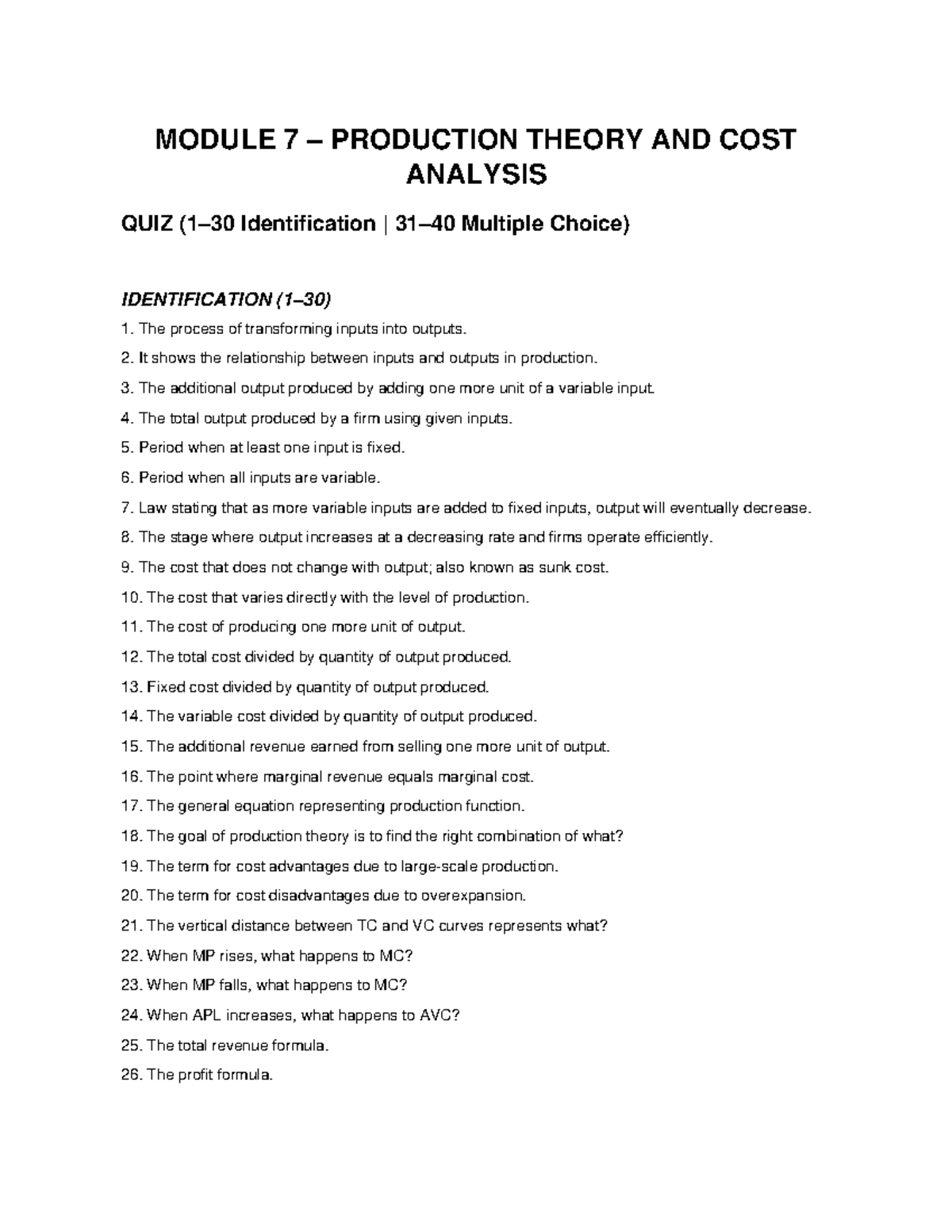 Module 7 Production Theory & Cost Analysis Quiz - MAN ECO PRAC - Studocu