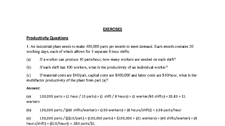 Problem Session ÜYT - EXERCISES Productivity Questions 1. An industrial ...