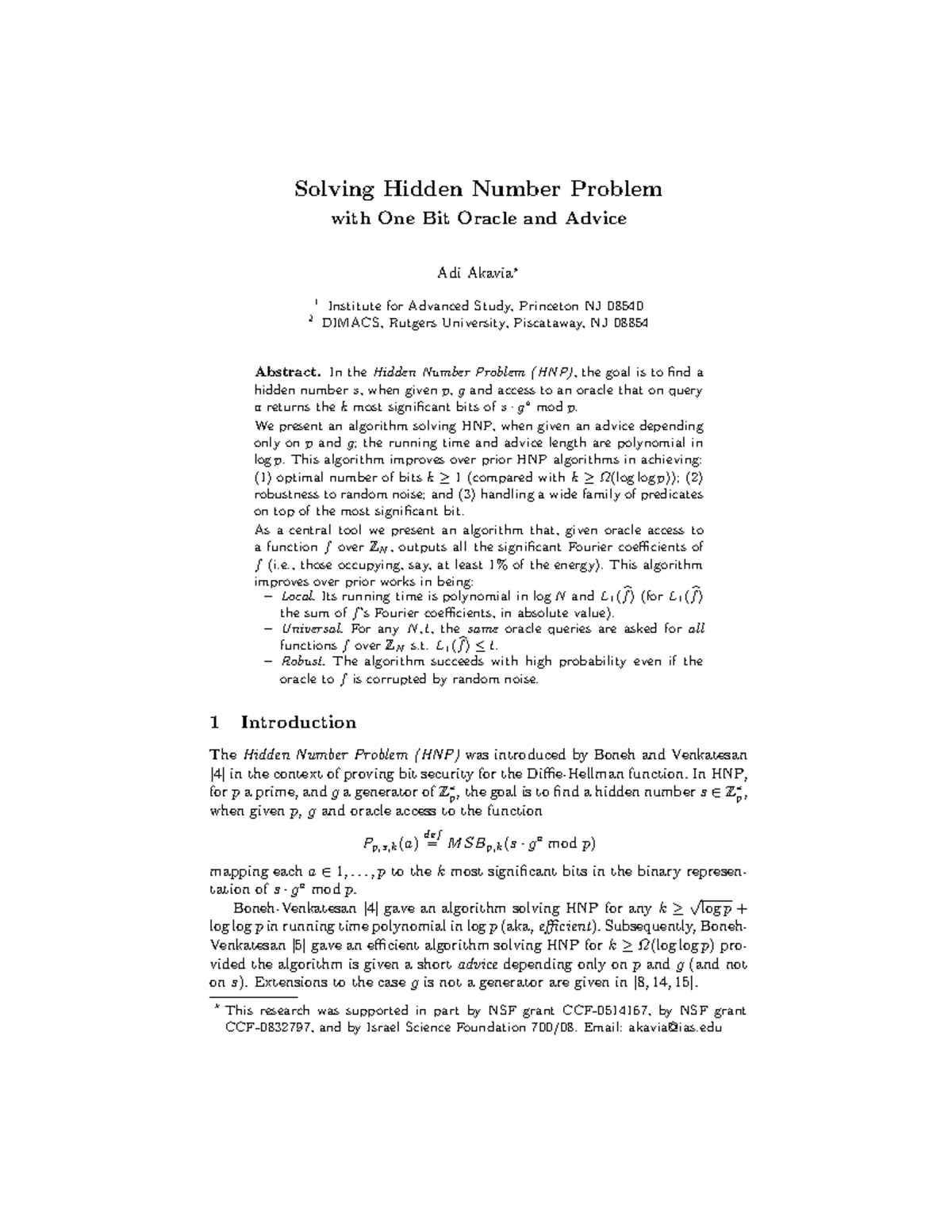Solving Hidden Number Problem with One Bit Oracle Advice (DIMACS) - Studocu