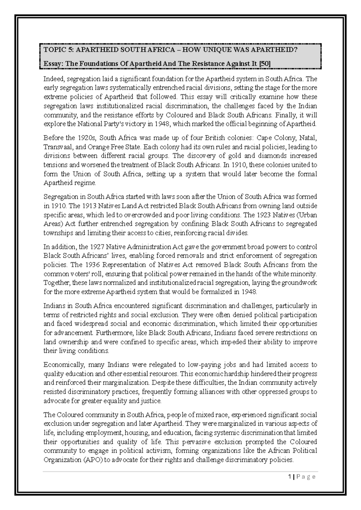 Grade 11 Term 3 2024: Essay on Apartheid in South Africa - Studocu