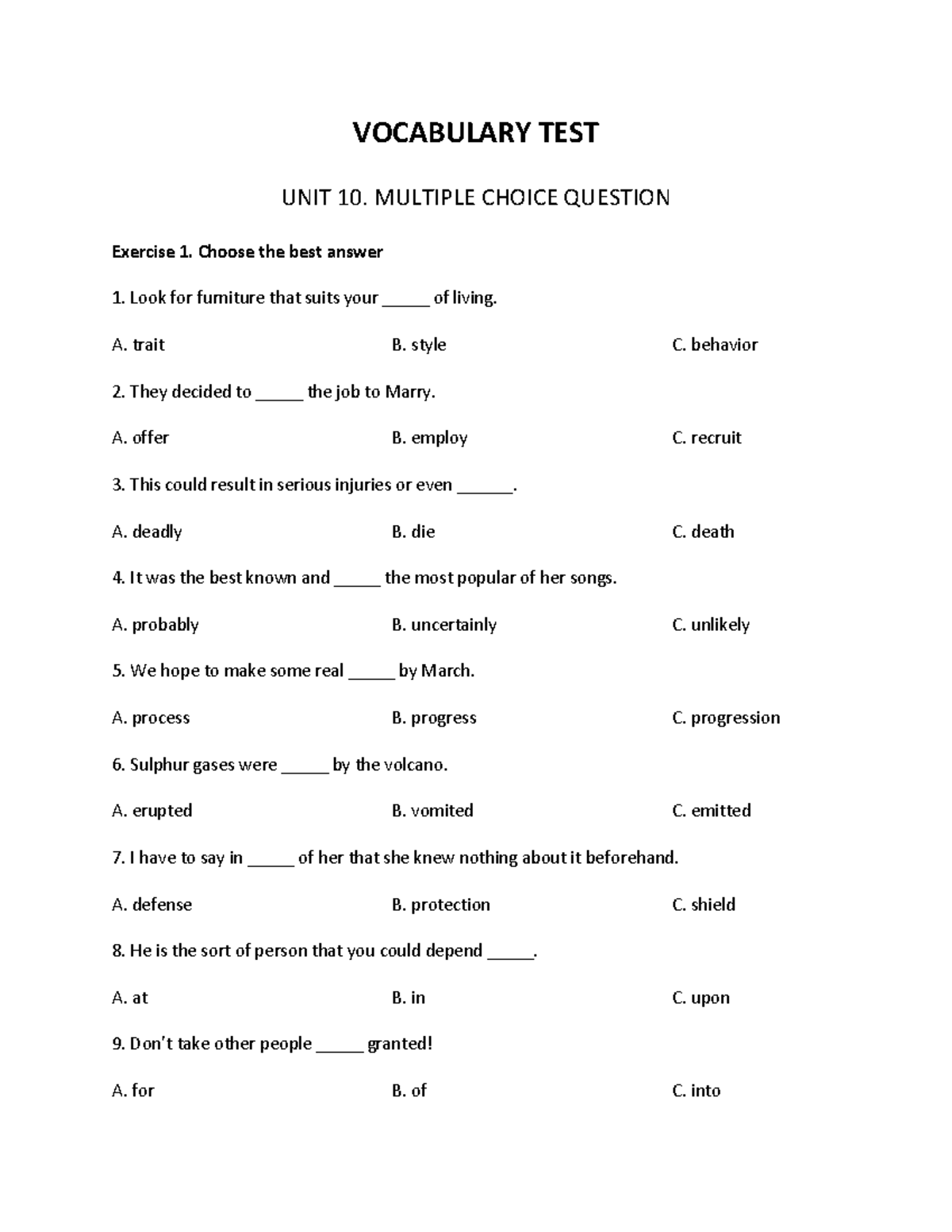 Vocabulary Test - Unit 10: Multiple Choice Questions - Studocu