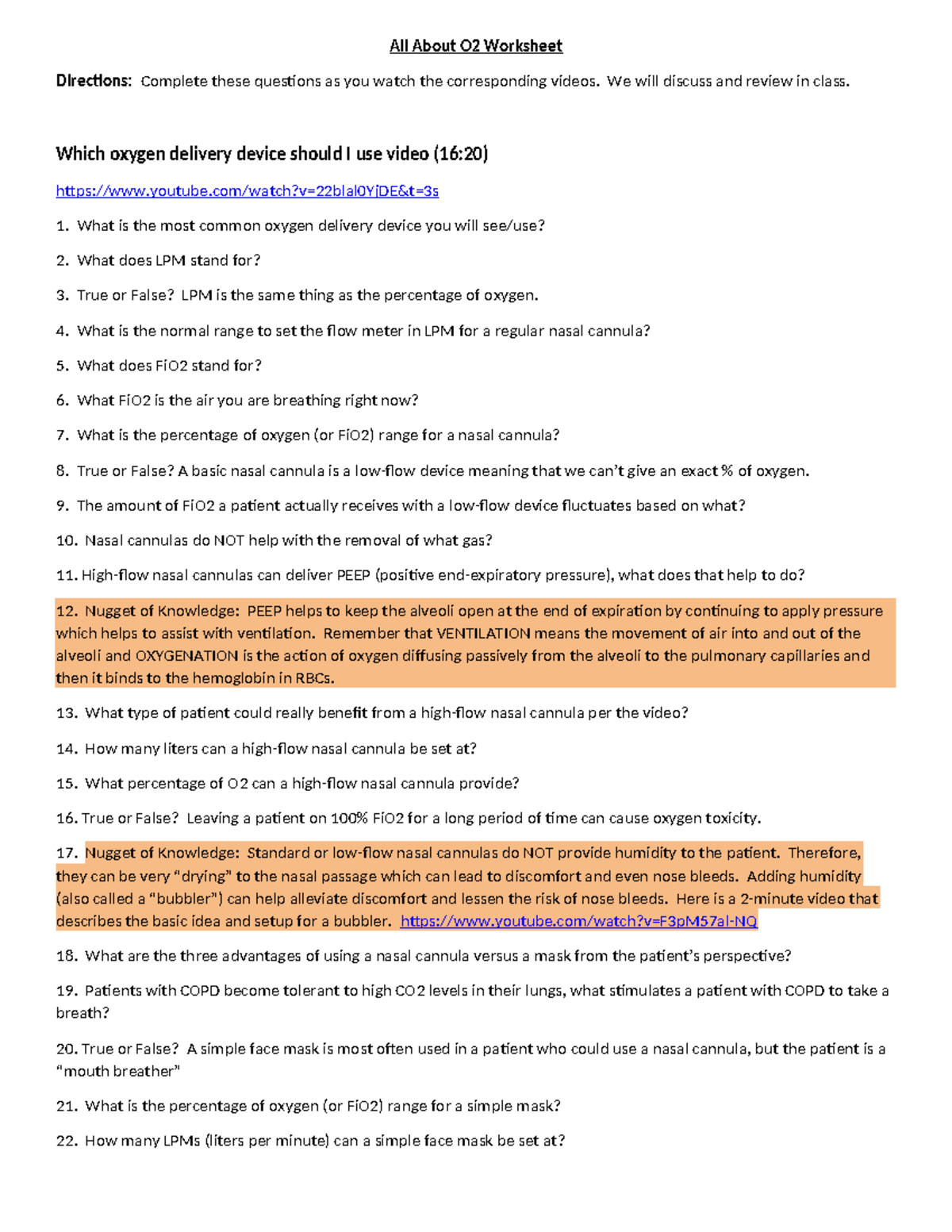 All About O2 Worksheet: Oxygen Delivery Devices Guide - Studocu