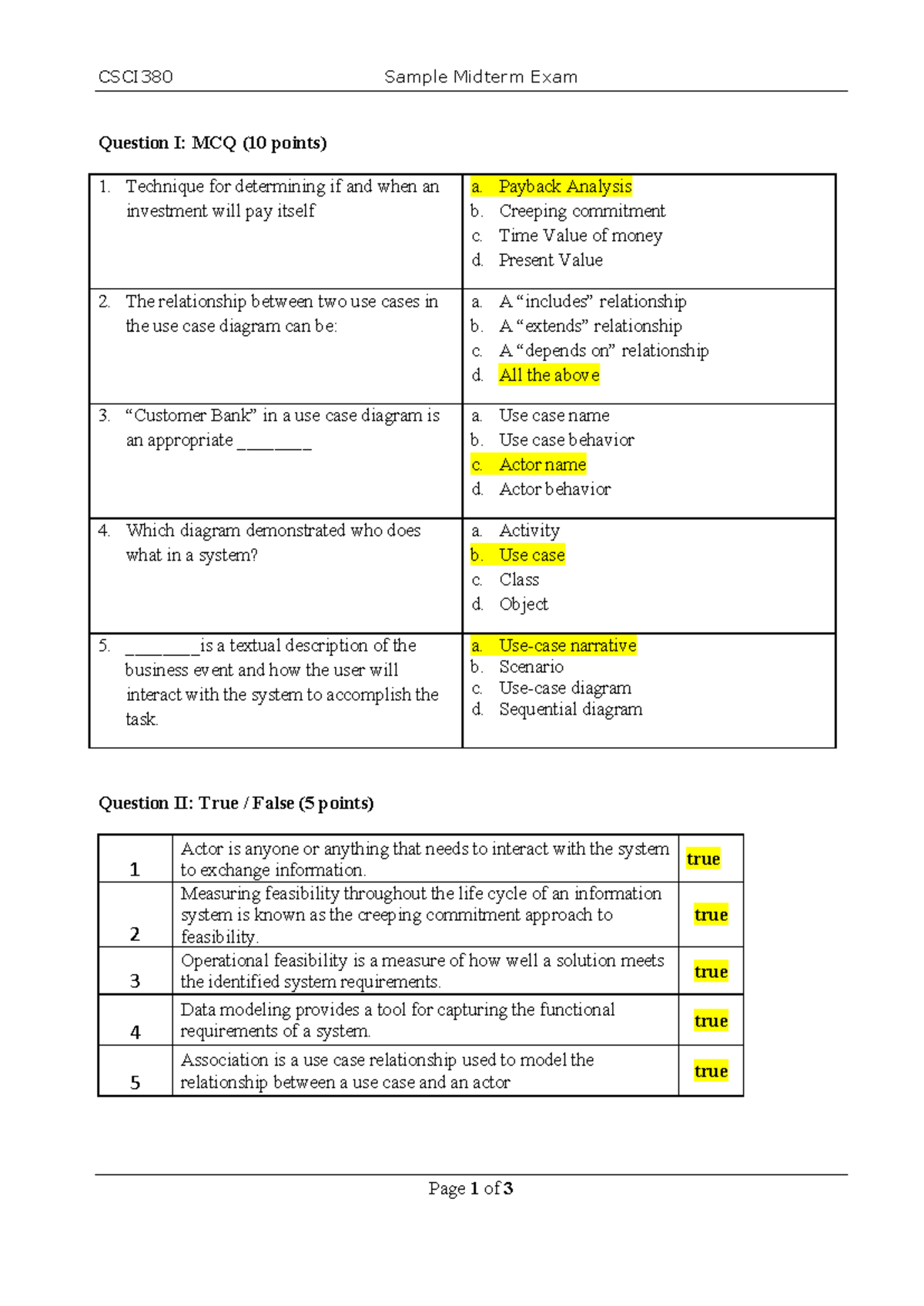 CSCI380 Sample Midterm Exam Solutions: MCQ & Project Analysis - Studocu
