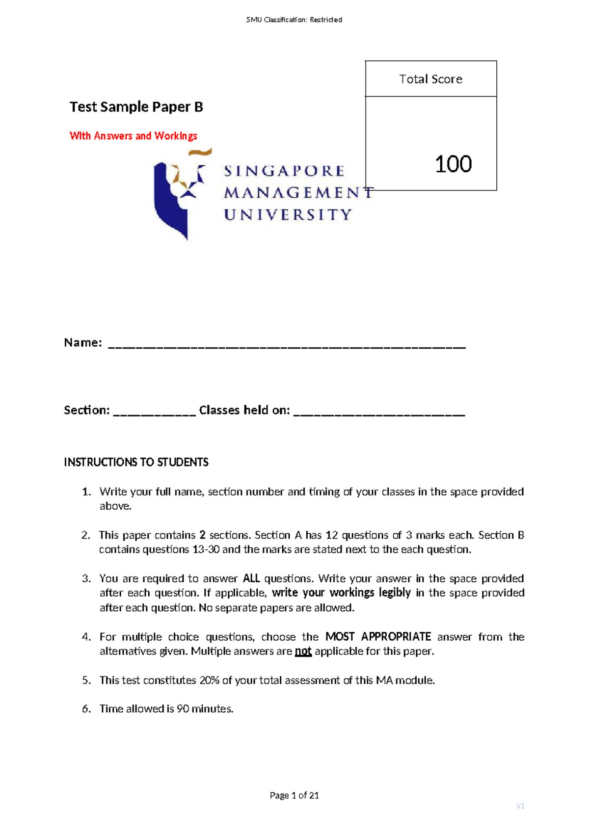 Test Sample Paper B with Answers 2023-24 S1 - Comprehensive Review ...