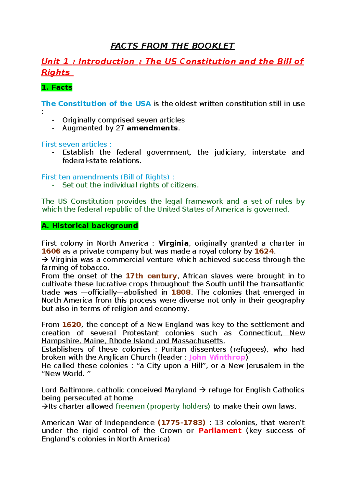 US Constitution & Bill of Rights: Key Facts & Historical Overview - Studocu