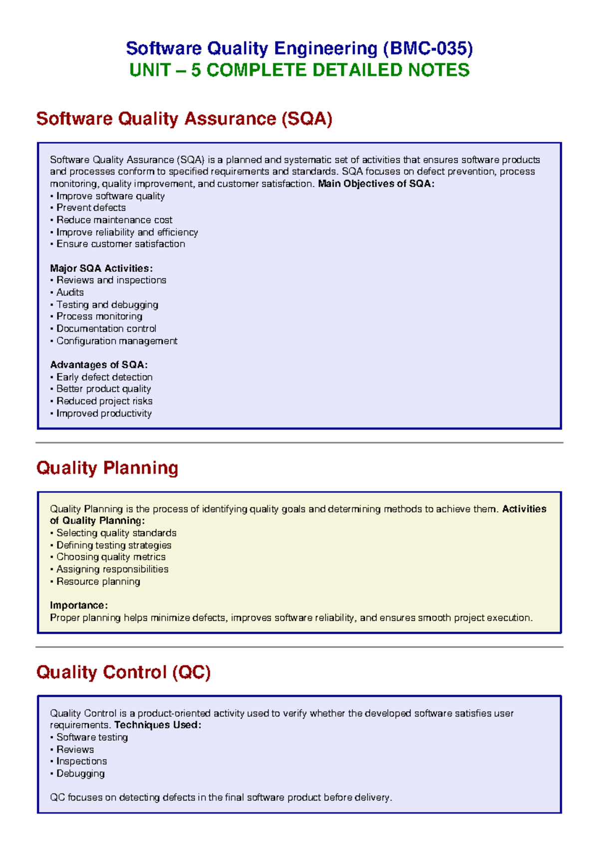 SQE 5: Comprehensive Notes on Software Quality Assurance & TQM - Studocu