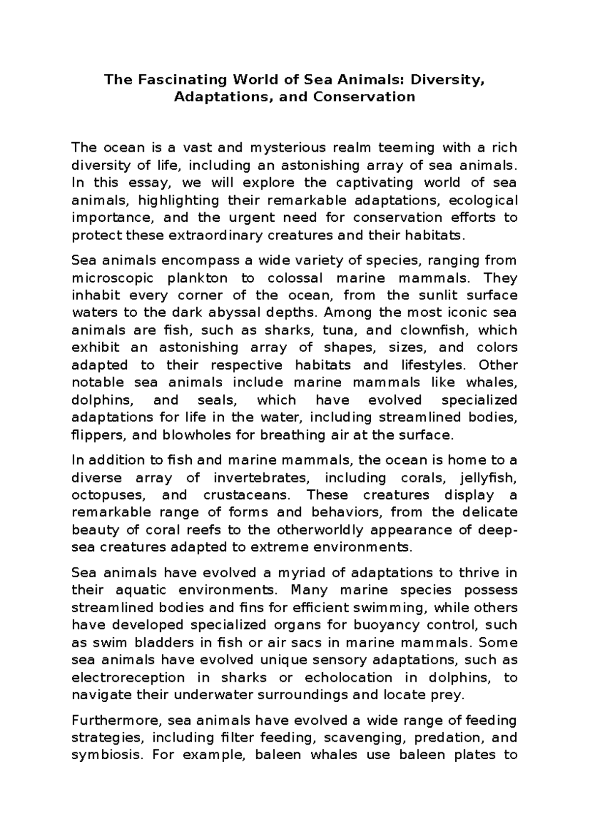 The Fascinating World of Sea Animals - In this essay, we will explore ...