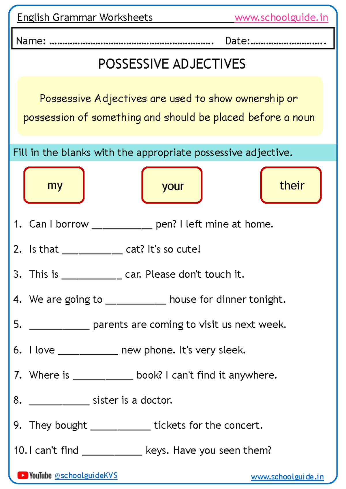 English Grammar Worksheet: Possessive Adjectives Exercise 4 - Studocu