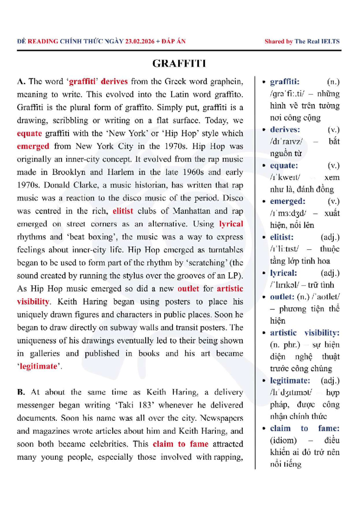 ĐỀ READING CHÍNH THỨC NGÀY 23.02.2026 ĐÁP ÁN IELTS: Graffiti Culture ...