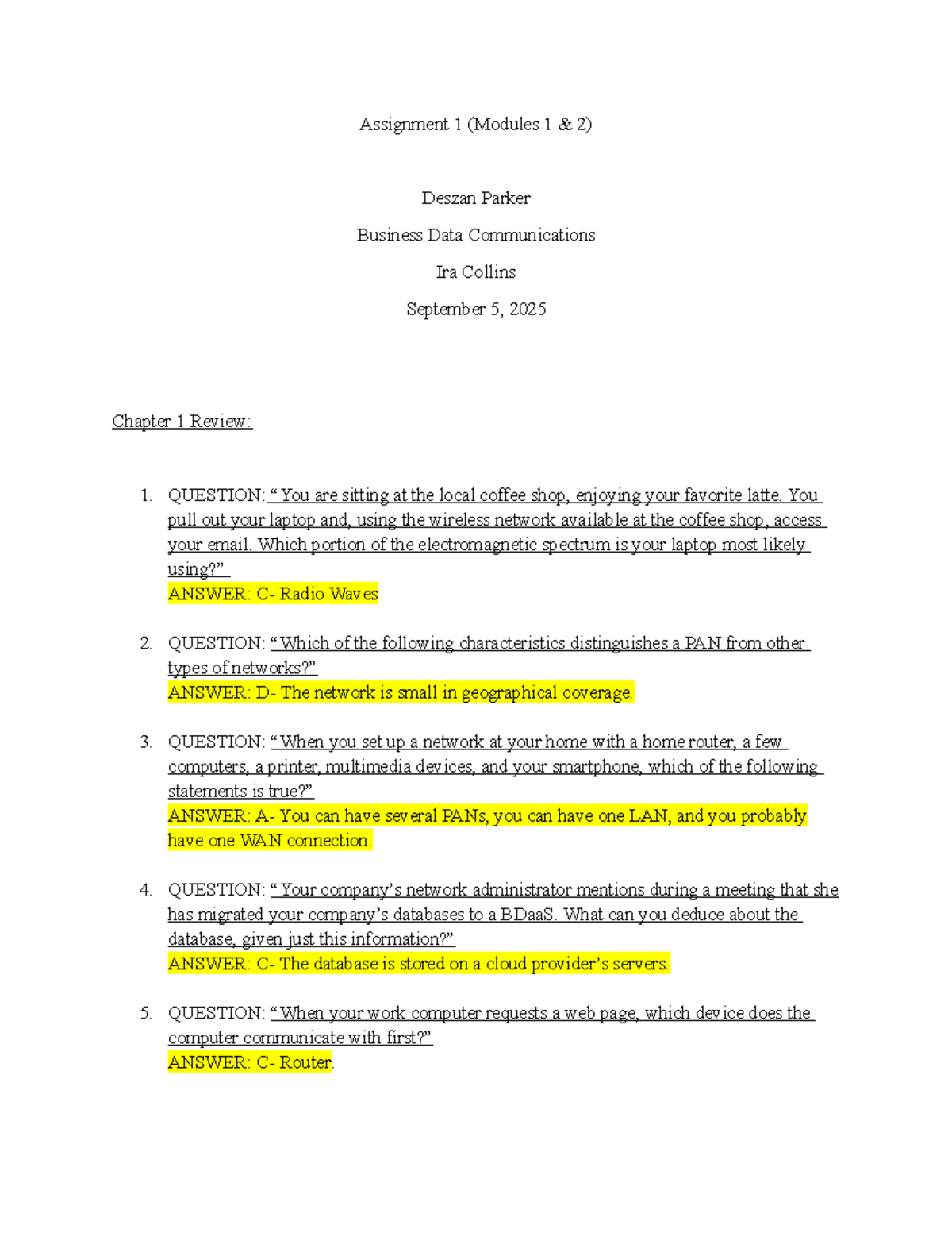 Assignment 1 (Modules 1 & 2) Review of Business Data Communications ...