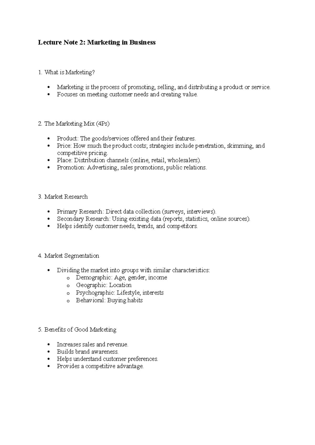 Lecture Note 2: Understanding Marketing Concepts in Business 1 - Studocu