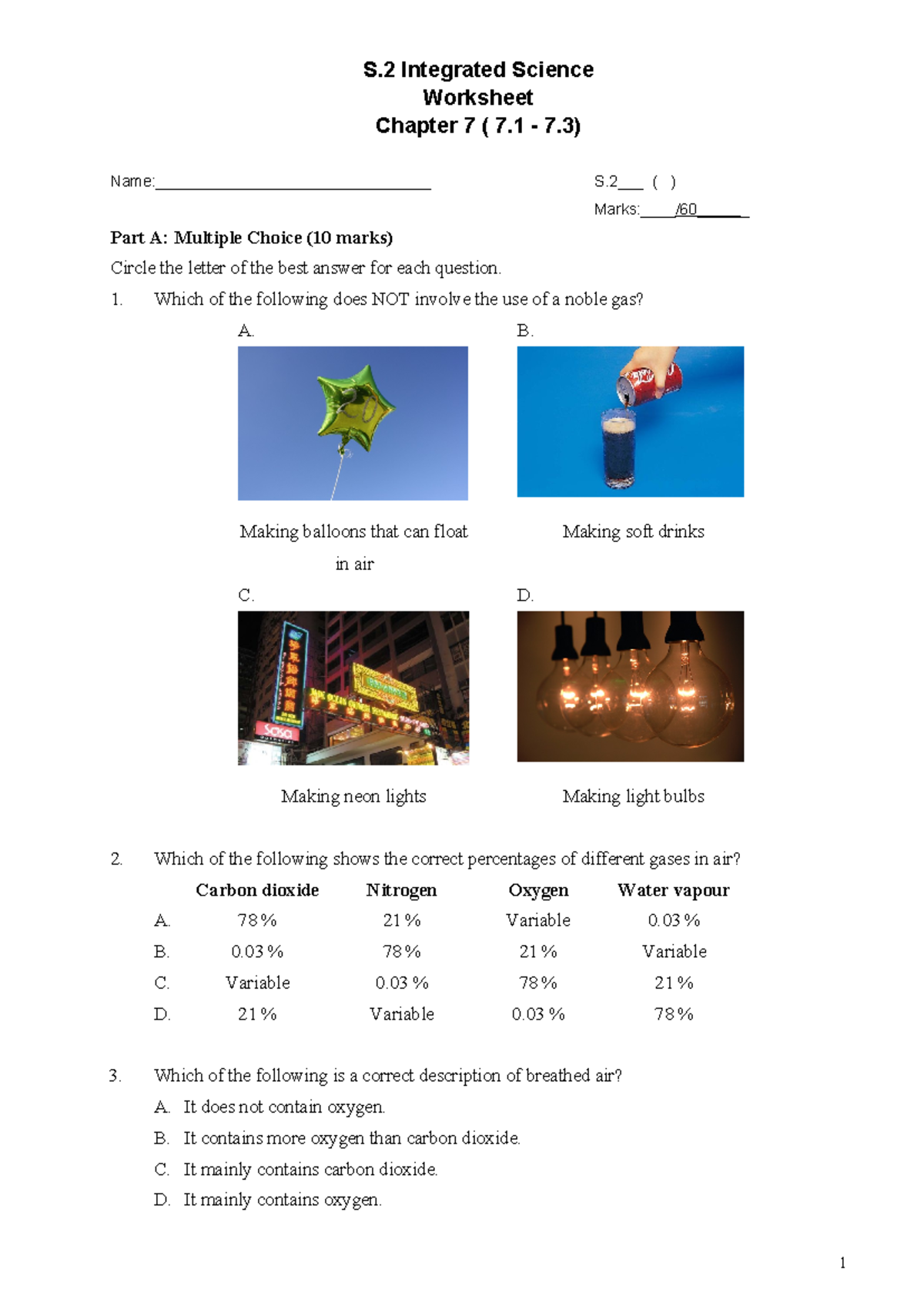 WS 7.1 - 7 - N/A - S. 2 Integrated Science Worksheet Chapter 7 ( 7 - 7 ...