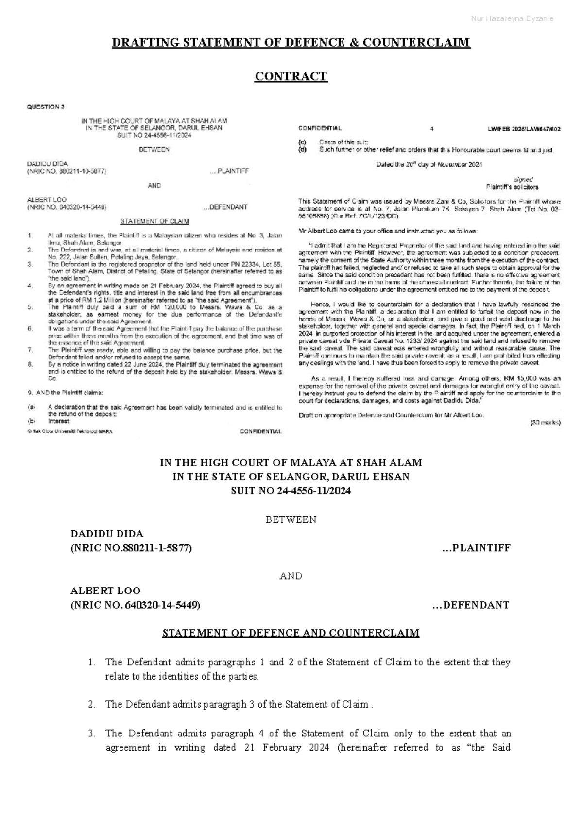 DRAFTING STATEMENT OF DEFENCE & COUNTERCLAIM - SUIT NO: [Insert No ...