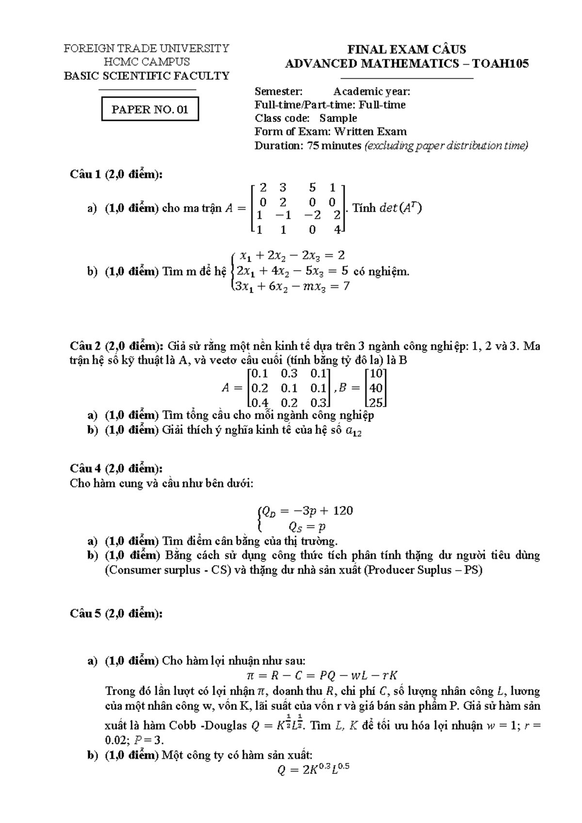 TCC TOAH105 Final Exam Sample - Advanced Mathematics Paper - Studocu