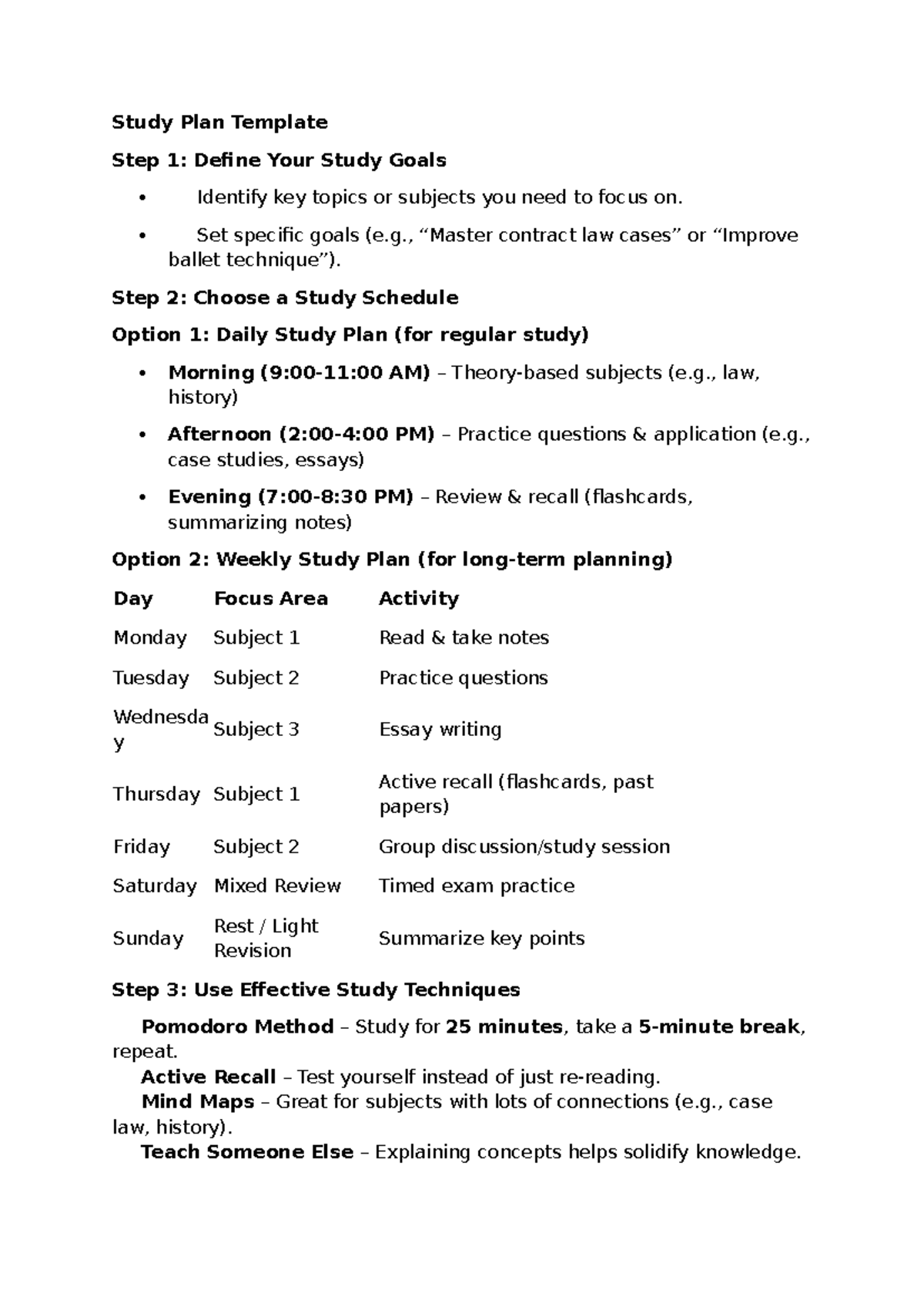 Study Plan Template - Study Plan Template Step 1: Define Your Study ...