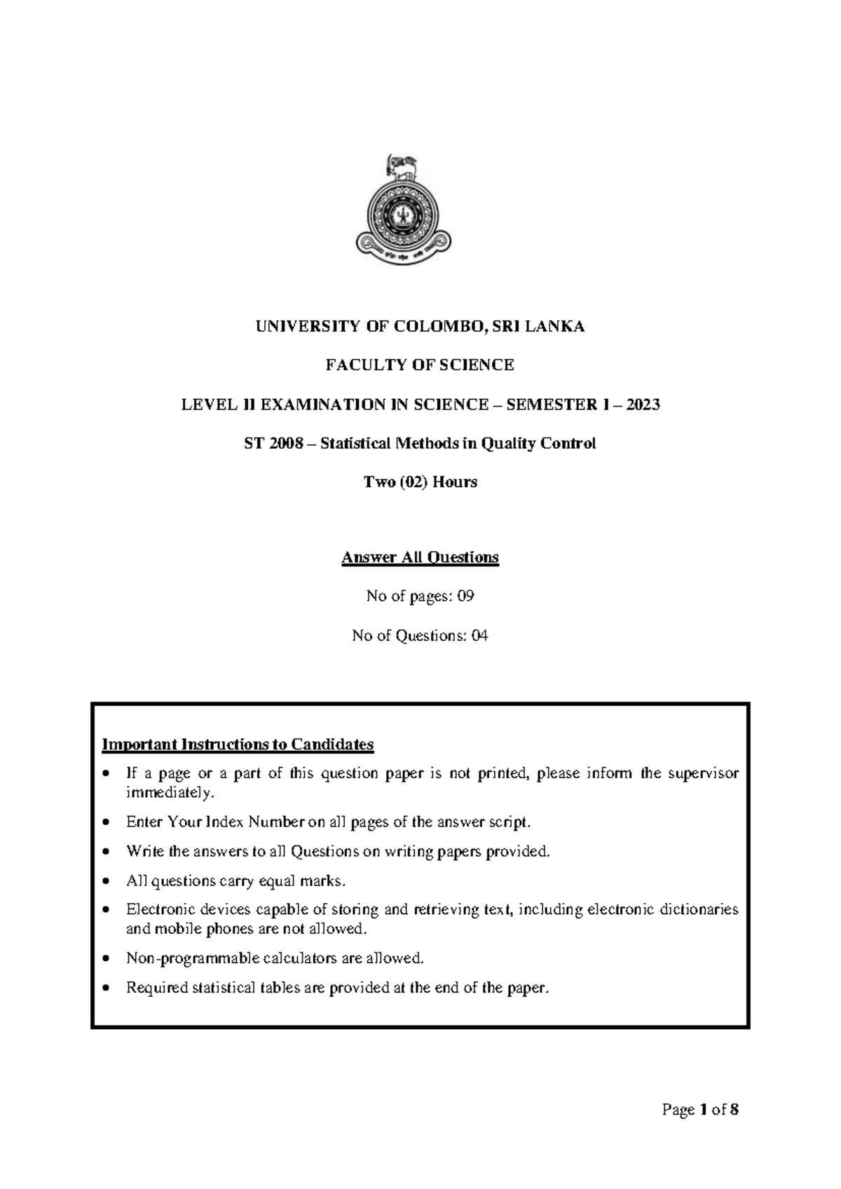 ST 2008 Final Exam - Statistical Methods in Quality Control 2023 - Studocu
