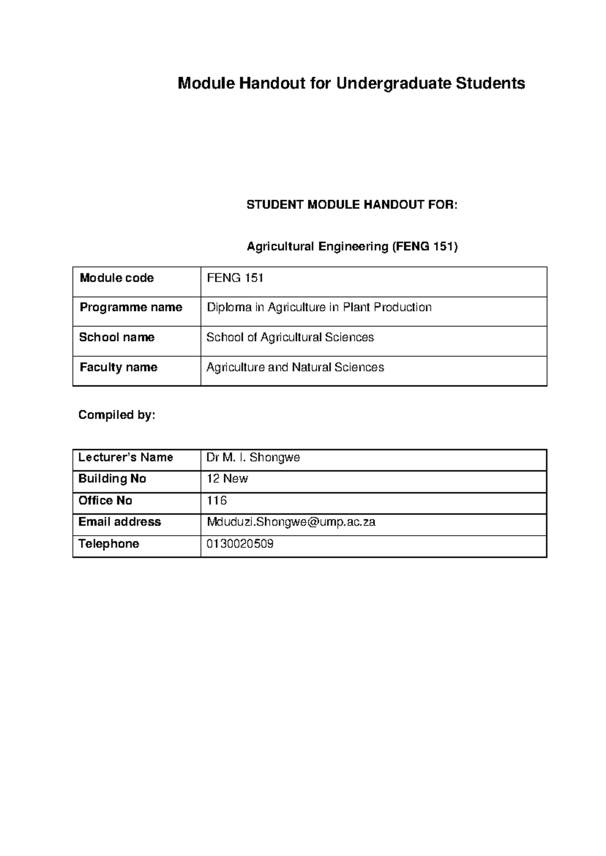 FENG 151 Agricultural Engineering Module Handout - 2025 Edition - Studocu