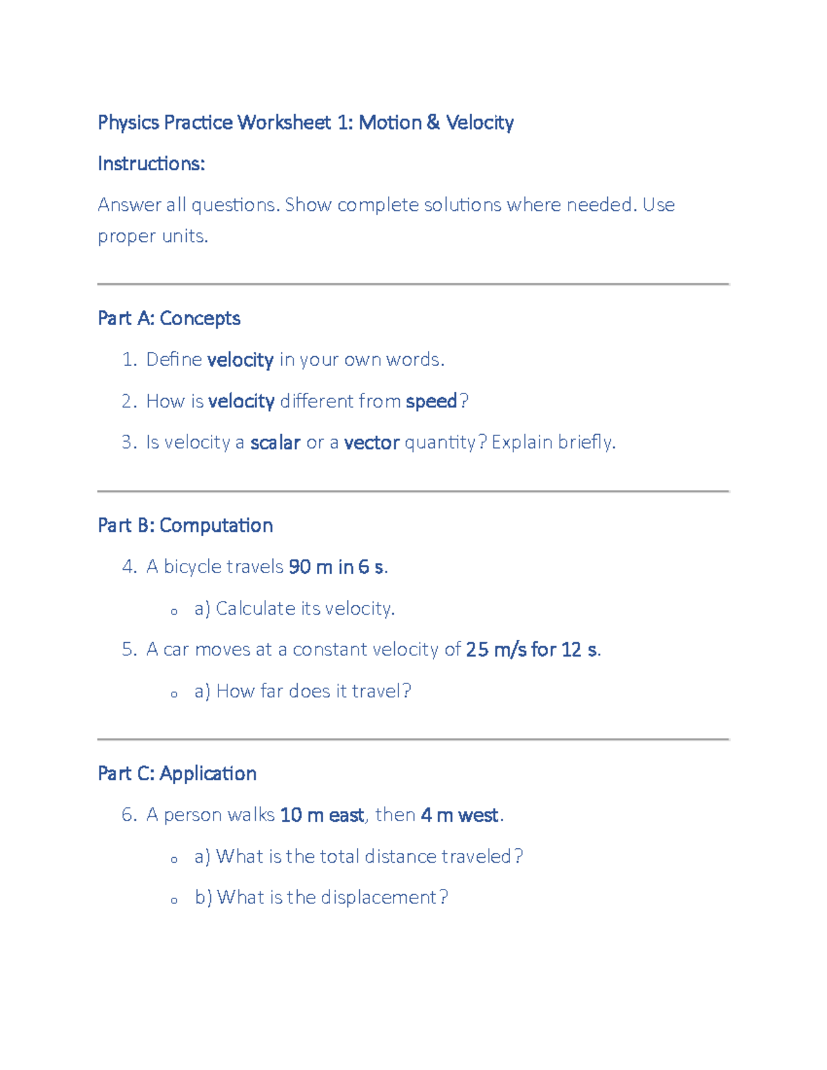 Physics Practice Worksheet 1: Motion & Velocity Concepts - Studocu