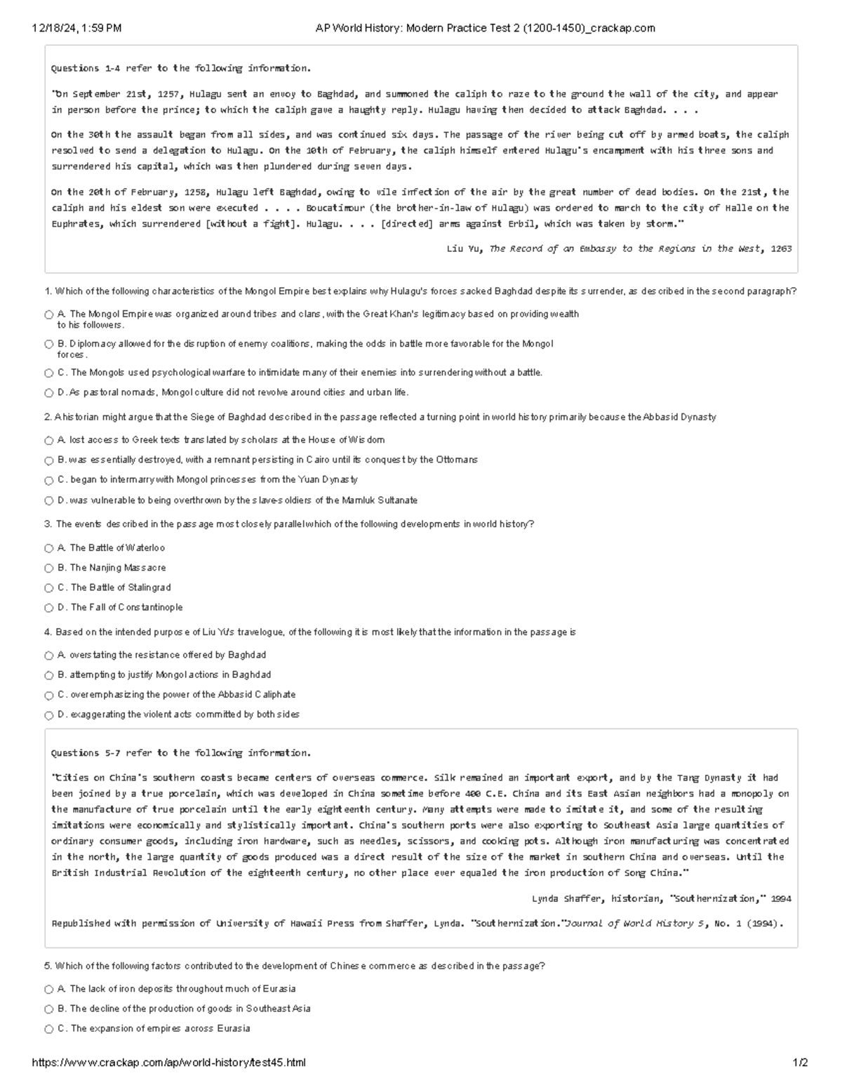 AP World History: Modern Practice Test 2 (1200-1450) Questions ...