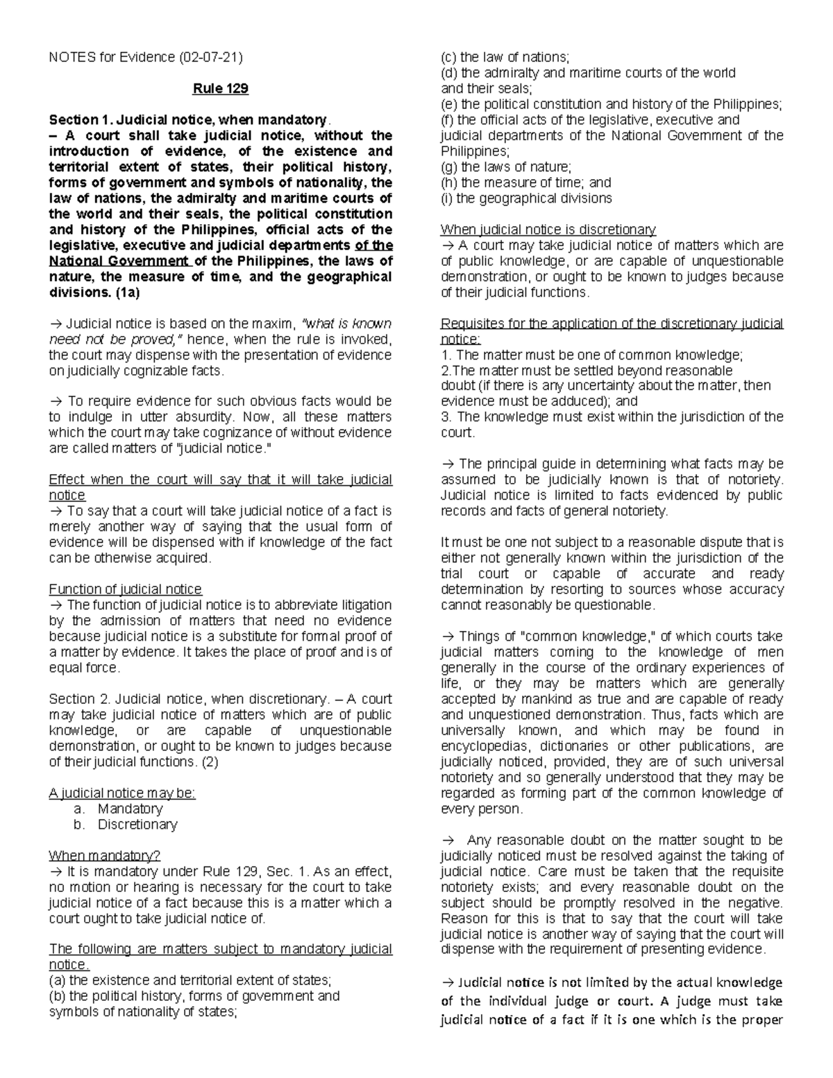 RULE 129, SEC. 2 - JUDICIAL NOTICE: MANDATORY & DISCRETIONARY - Studocu