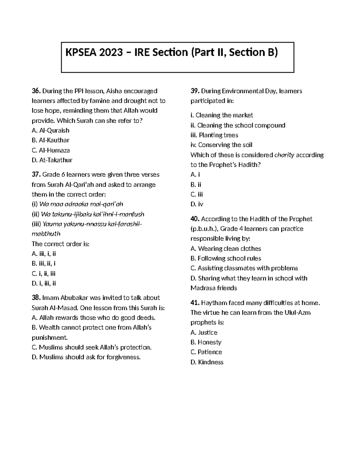 Kpsea 2023 IRE - Multiple Choice Questions and Answers - Studocu