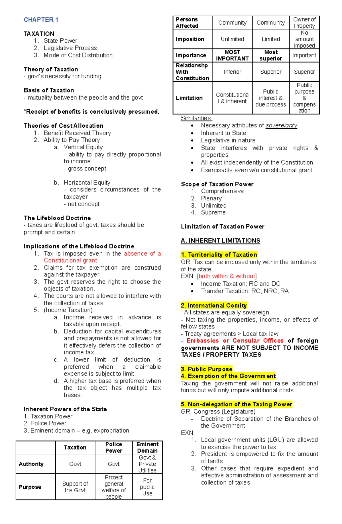 Tax Notes - INTRO TO TAXATION the government's power to collect money ...